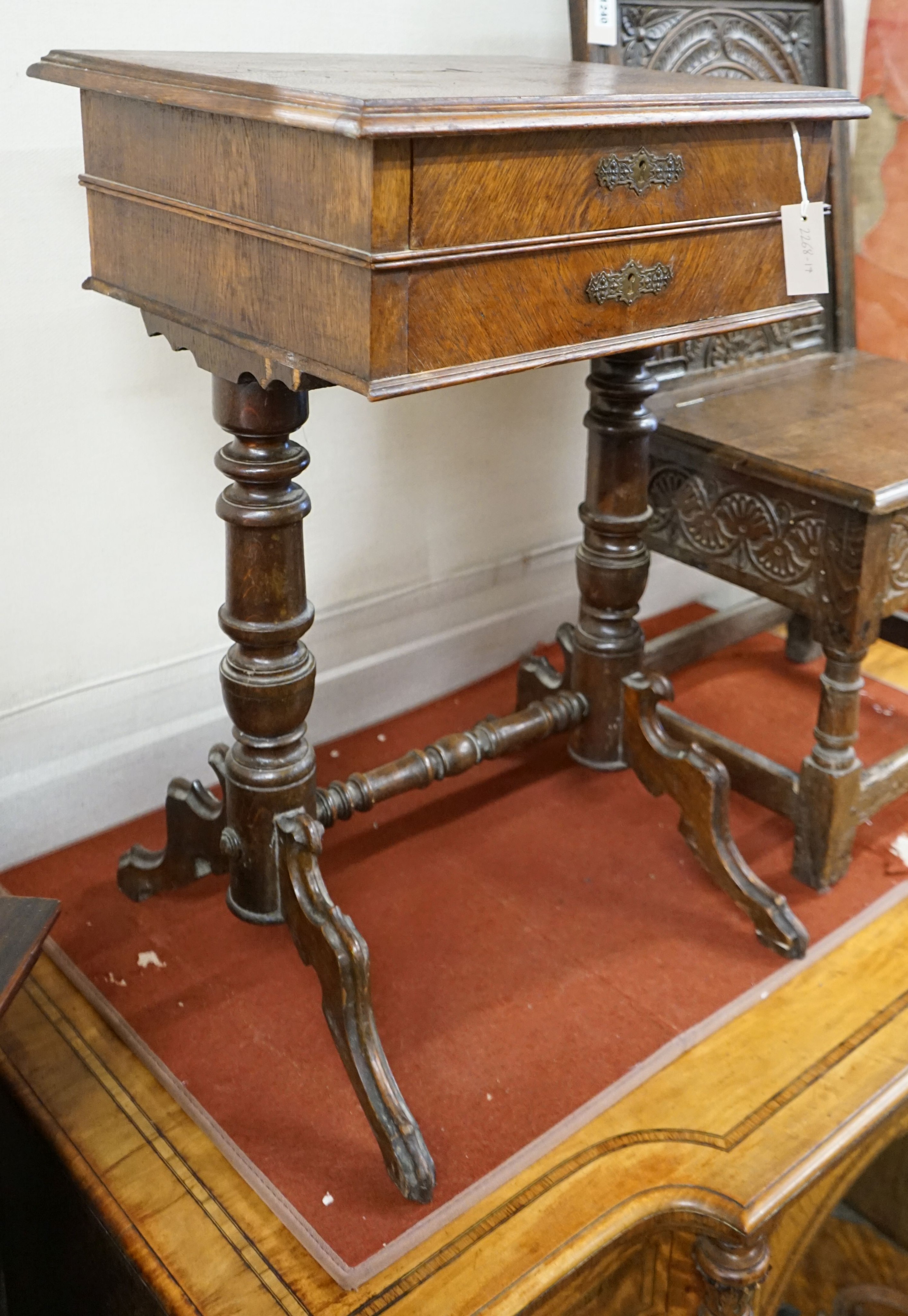 A 19th century French oak work table, width 50cm, depth 42cm, height 77cm